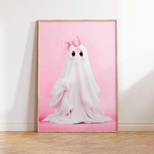 Pink Ghost Wall Art Print Trendy Seasonal Halloween Decor Girly Coquette Dorm Decor Cute Ghost Painting Teen Girls Room Spooky Printable Art