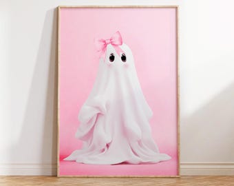 Pink Ghost Wall Art Print Trendy Seasonal Halloween Decor Girly Coquette Dorm Decor Cute Ghost Painting Teen Girls Room Spooky Printable Art
