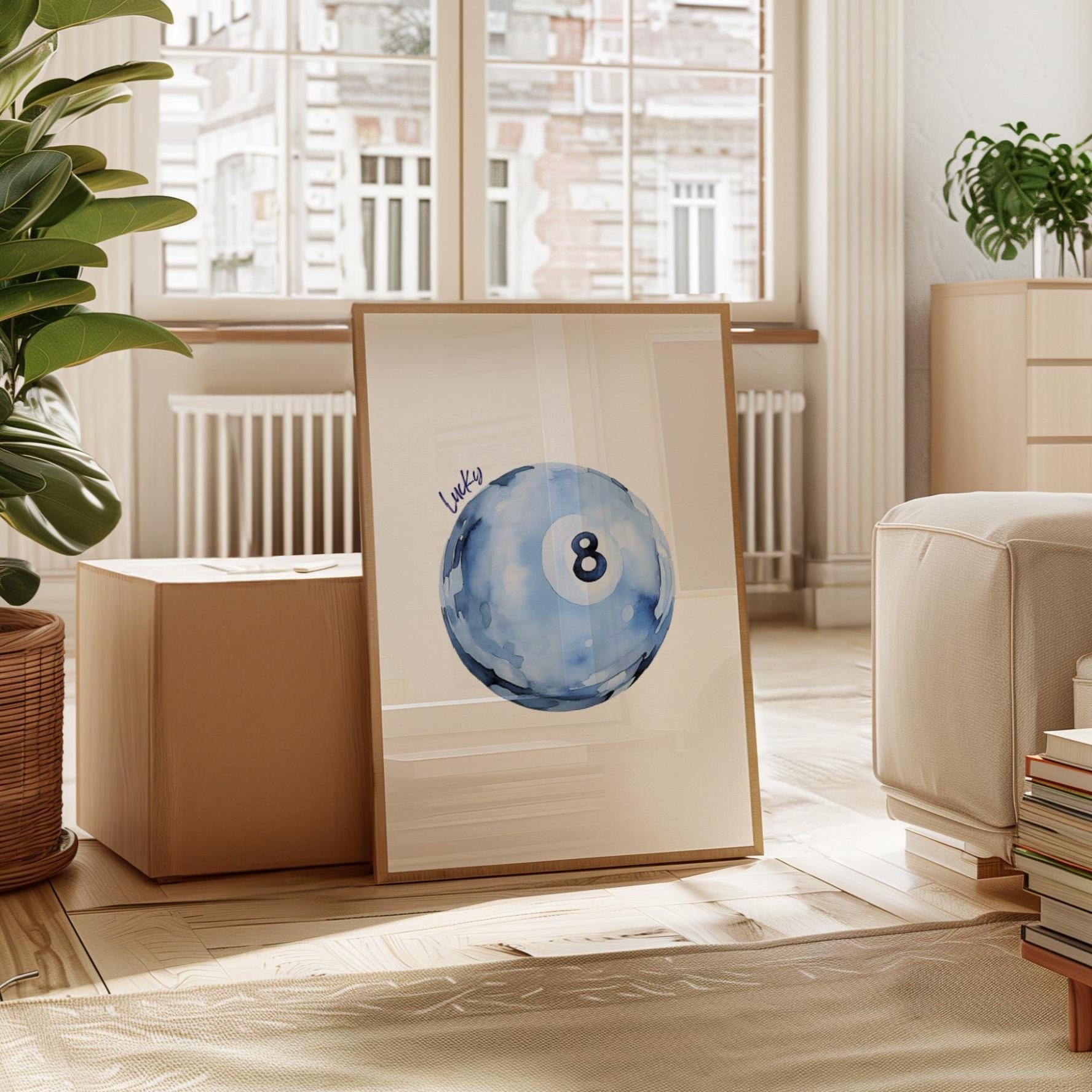 Lucky 8 Ball Wandkunst, trendiger Pool-Ball-Druck, himmelblaues Pool-Ball-Poster, Retro-Handgezeichnetes Schlafzimmer-Poster, trendige druckbare Digitaldrucke