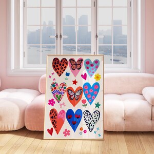 Colorful Hearts print Girly Dopamine wall art Maximalist Handrawn Poster Funky bedrroom decor Love Gift for her Eclectic Floral Animal Print