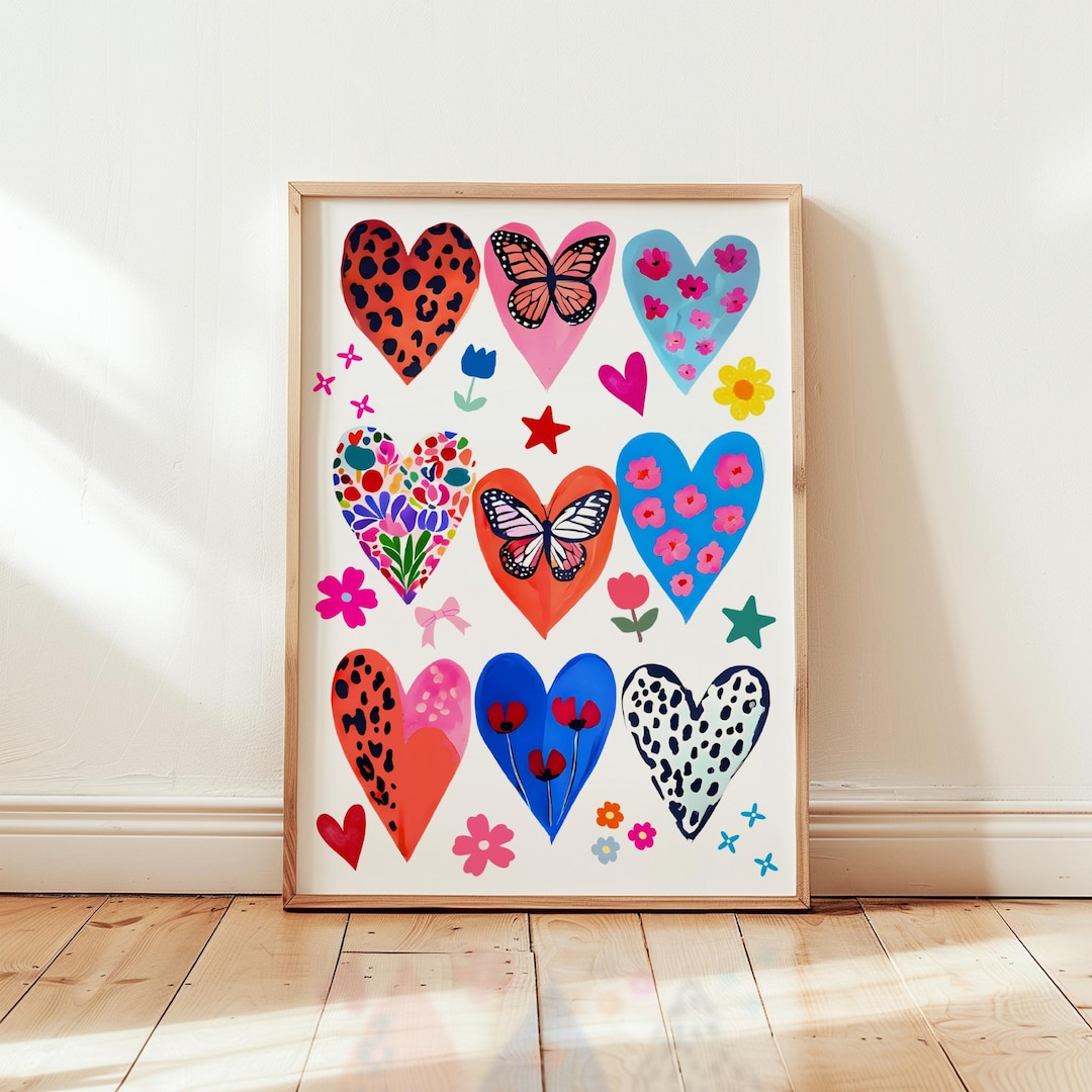 Colorful Hearts Print Girly Dopamine Wall Art Maximalist Handrawn