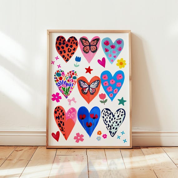 Colorful Hearts Print Girly Dopamine Wall Art Maximalist Handrawn