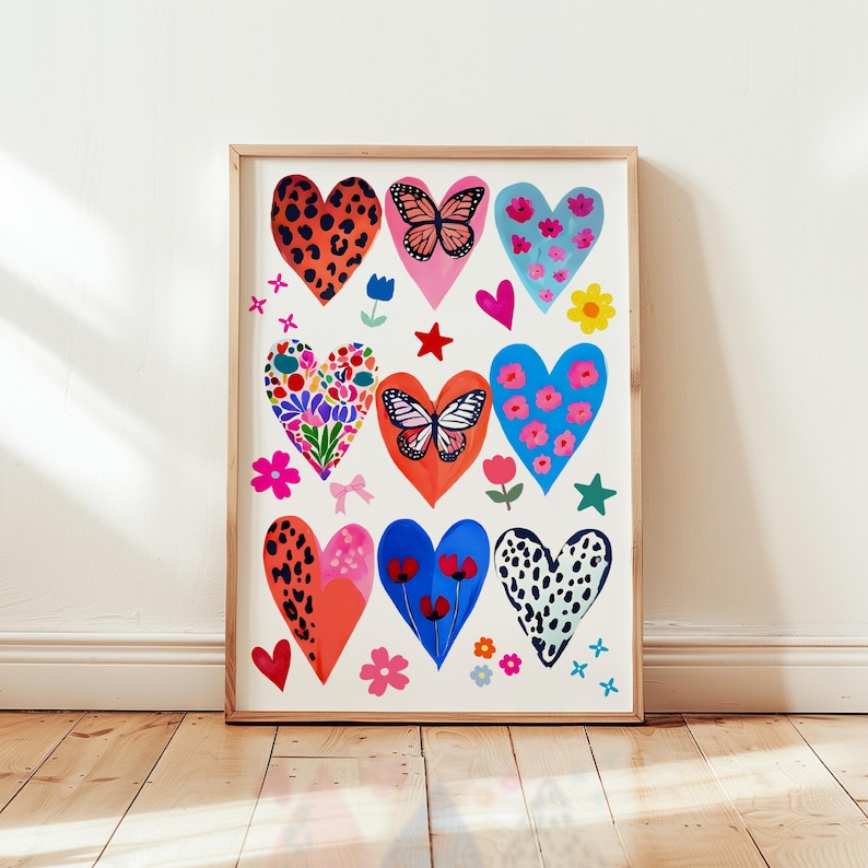 Colorful Hearts print Girly Dopamine wall art Maximalist Handrawn Poster Funky bedrroom decor Love Gift for her Eclectic Floral Animal Print
