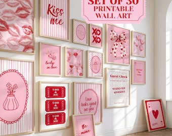 Roze en rode galeriewand voor Valentijnsdag, set van 30 prints, afdrukbare posters met liefdescitaten, preppy poster, romantisch decor, digitale download