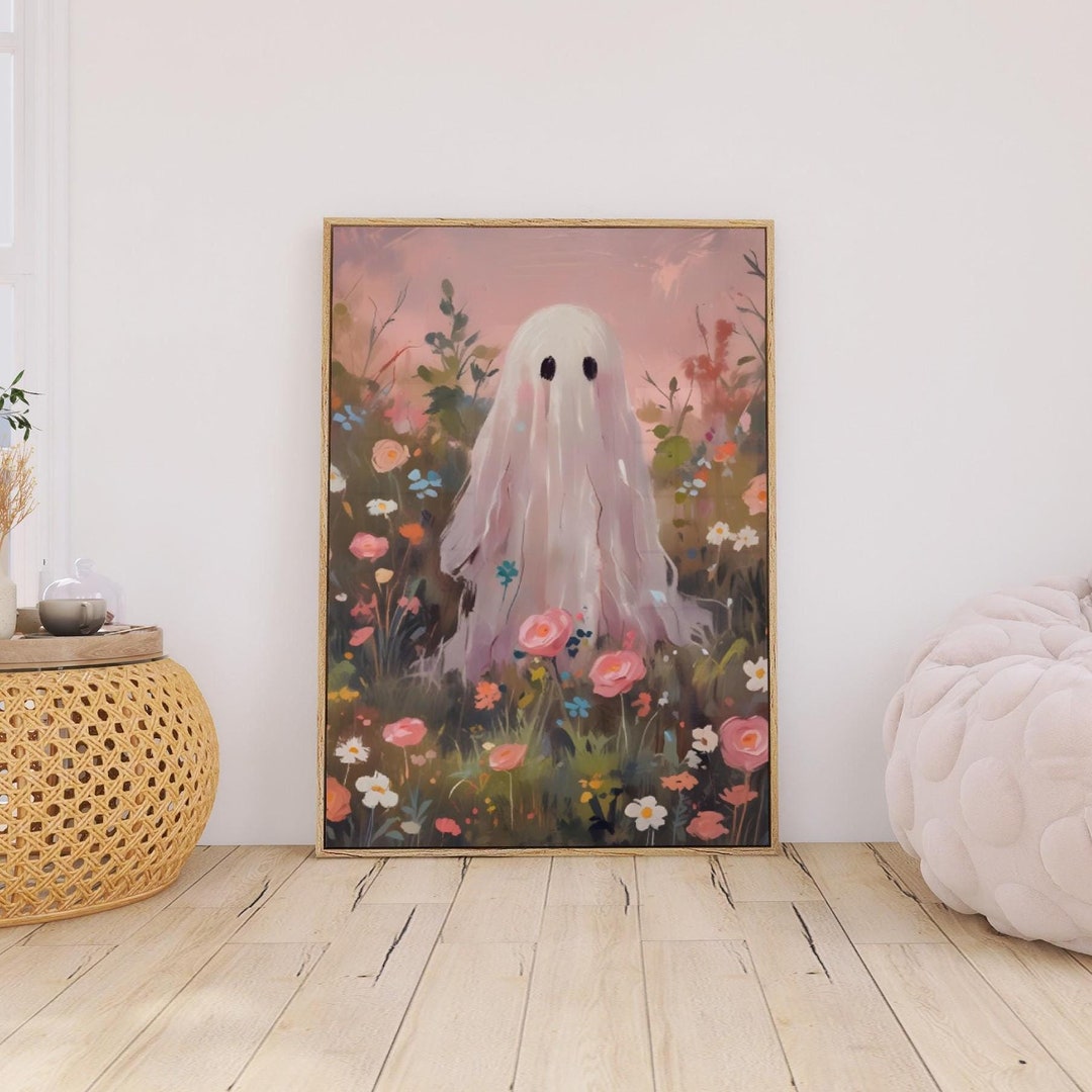 Spooky Pink Wildflower Wall Art Floral Ghost Print Pink Halloween Decor ...