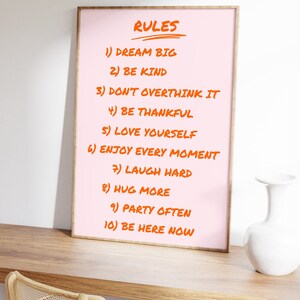 House Rules Print, Retro Quote Print, Trendy Poster, Pink Orange Print ...