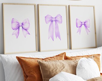 Purple Bow Print, set of 3 prints, Preppy wall art, teen room decor, balletcore poster, coquette room decor, nursery wall art, ribbon poster