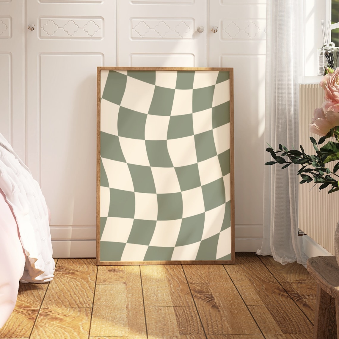 Checkered Wall Art, Sage Green Checker Art Print, Beige Printable Wall ...