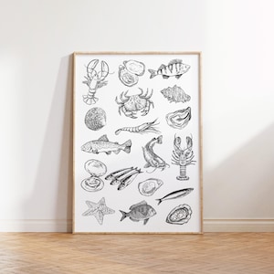 Seafood Print Kitchen Wall Art Black and White Fisherman Aesthetic Minimalist Dining Room Decor Retro Food Art Kitchen Decor Fish Poster