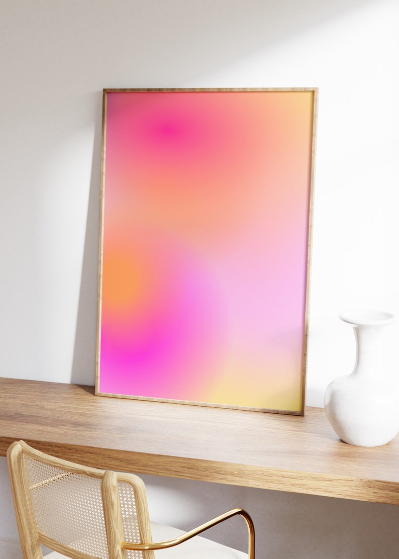 Rosa orange aura-väggkonst, suddigt gradienttryck, rosa glöd, andlig poster, positiv självvårdskonst, auraenergi, drömsk auragradient bild 3