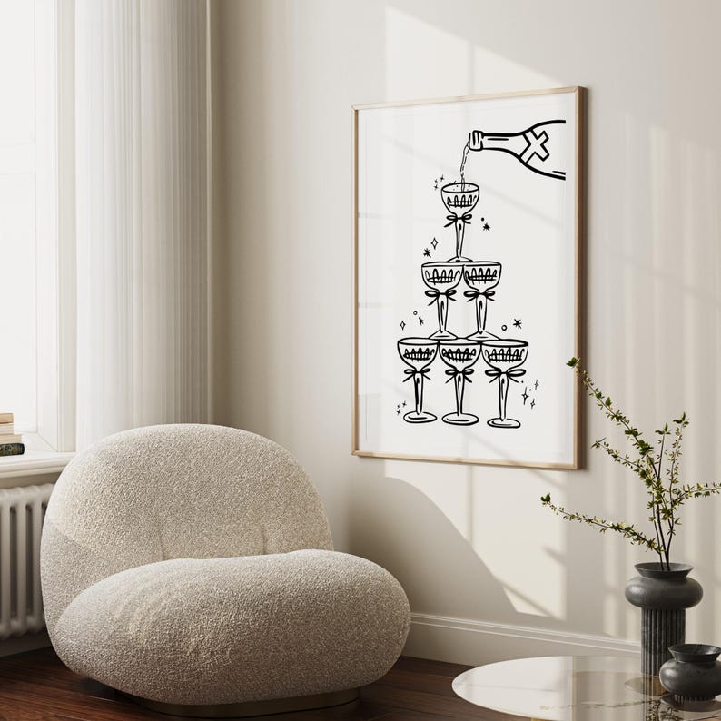 Black and white Champagne Wall Art Champagne Tower Print Girly Bar Cart Decor Alcohol Wall Decor Trendy Minimalist Cocktail Art Print Digital Download dorm room decor Girly apartment decor Gift Valentine's day decor