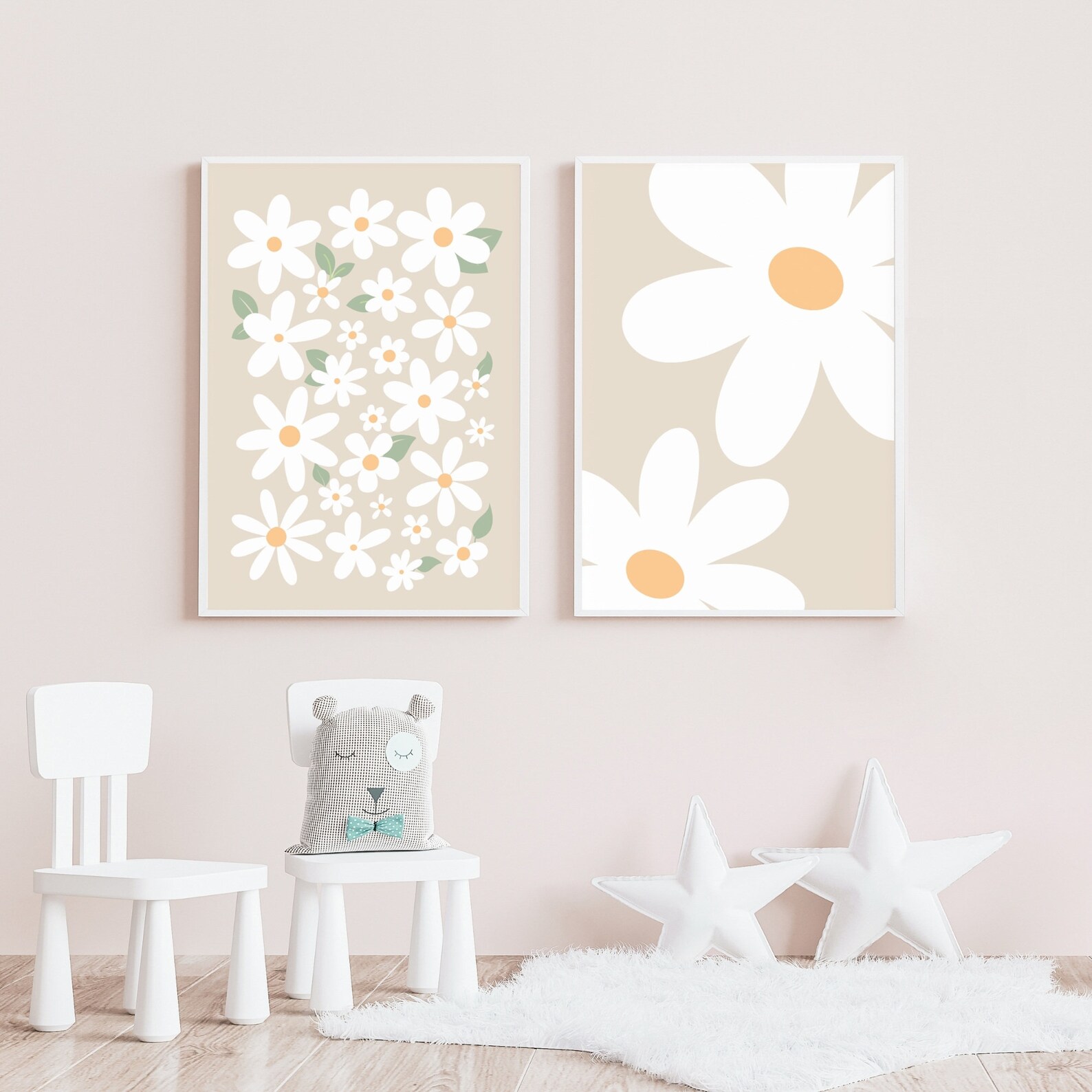 Daisy Nursery Wall Art, Set of 2, Beige Daisies Wall Art, Boho Print ...