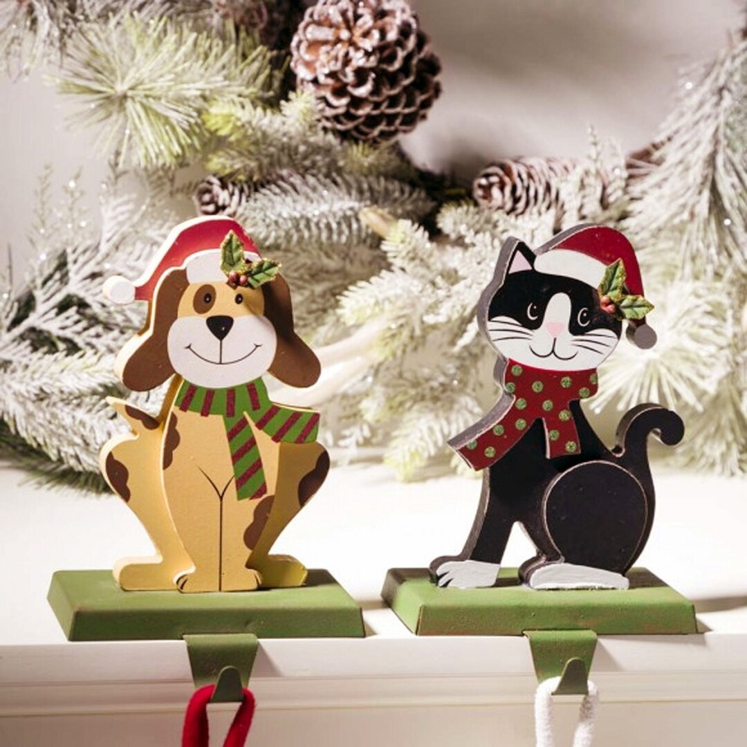 Set of 2 Wooden/metal Cat & Dog Stocking Holder Christmas Etsy