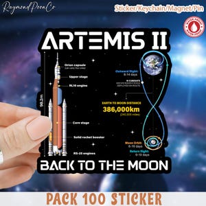 Pode incluir: Um autocolante preto com o texto "ARTEMIS II" e um diagrama de um foguete e sua trajetória para a lua. O autocolante inclui o texto "BACK TO THE MOON" e "PACK 100 STICKER". A distância Terra-Lua é de 386.000 km.