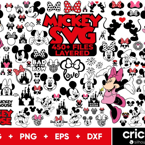 Bundle SVG Minnie Mouse, Mickey Mouse Svg, fichiers Svg princesse pour Cricut et Silhouette, téléchargement numérique Mickey Minnie Head Svg