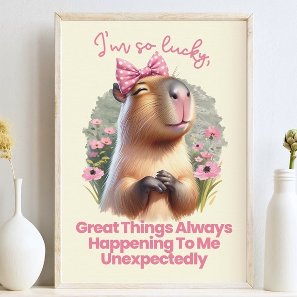 Capybara Wearing Pink Bow Affirmations Poster - Gouache Style Painting, Dorm Room Decor, Soft Aesthetic, Perfect Gift for Teen Girls