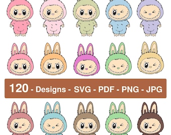 120 Labubu Designs Svg Png Bundle, Labubu Png Svg, Labubu tagliato al laser, download istantaneo, file digitale vettoriale per Cricut, personaggio Labubu