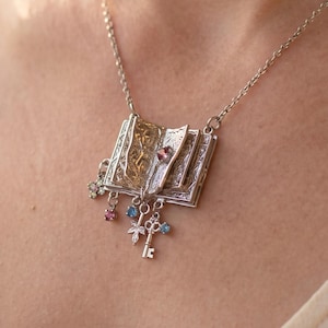 Vintage Book Necklace, Purple Gemstone Floral Key Pendant, Dark Academia Jewelry