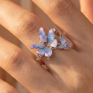 Enamel Butterfly Ring, Platinum-Plated Brass Branch Band, Nature Inspired Jewelry