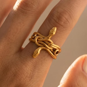May include: A gold-colored ring featuring a snake design. The ring is wrapped around the finger, with the snake's head and tail visible. The ring is made of a shiny, metallic material.
