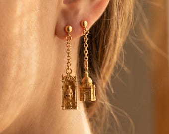 Cat Castle Earrings | Gold Baroque Basilica Dangle Earrings | Architecture Jewelry
