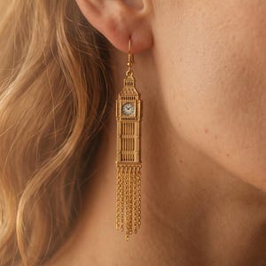 Big Ben Dangle Earrings, Architectural Tassel Drop Earrings, Gold Clock Tower Jewelry, London Inspired Fringe Dangles, Artistic Statementc