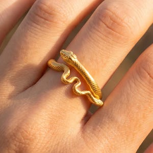 May include: A gold-coloured snake ring. The ring wraps around the finger with the snake's head and tail meeting. The snake's body has a textured pattern. The ring is worn on a hand with light-coloured nail polish.