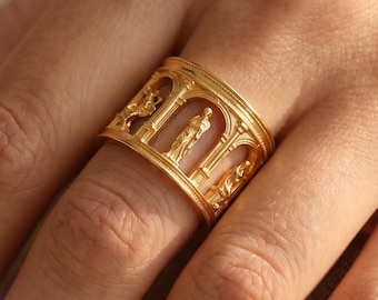 Architectural Gold Ring, Ancient Temple Ring, Classical Column Ring, Sculptural Wide Band Ring, Artistic Statement Ring, Museum Jewelry