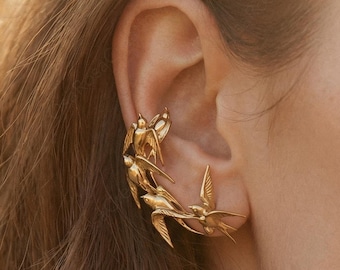 Gold Swallow Flock Earrings: Sculptural Bird Clip-on, Nature Inspired Artistic Jewelry