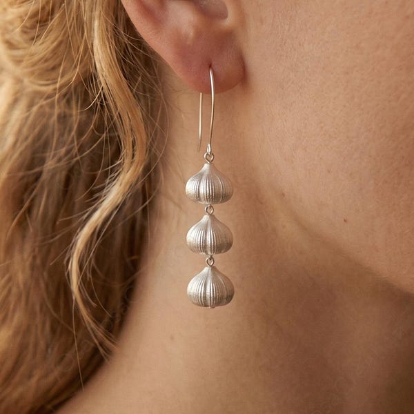 Silver Drop Earrings, Sculptural Seed Pod Dangle Earrings, Botanical Jewelry, Long Hook Earrings, Artistic Silver Jewelry, Quiet Luxury Gift
