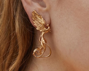 Gold Phoenix Earrings • 18k Plated Brass, S925 Post,Symbol of Rebirth & Strength •New Beginning Gift