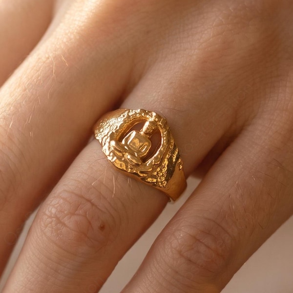 Guld Buddha Ring, Skulpturala Zen Meditation Smycken, Ihålig Statement Ring