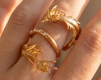 Gold Dragon Ring, Sculptural Wrap Ring, Elegant Mythical Jewelry, Artistic Animal Ring, Delicate Crystal Ring, Quiet Luxury Statement Piece