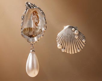 Renaissance Art Oyster Earrings | Silver Shell Pearl Drop Earrings | Vintage Museum Jewelry | Artistic Statement Dangle Earrings
