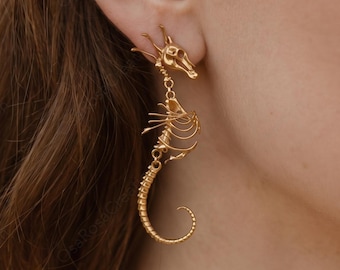 Siren’s Abyss Flower Seahorse Bone Earrings — Gold Plated Jewelry