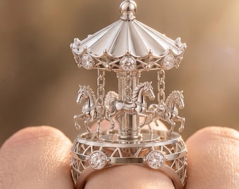 3D Carousel Dome Ring, Platinum-Plated Brass, Cubic Zirconia Fairytale Jewelry