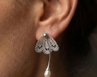 Silver Filigree Pearl Earrings • Art Nouveau Victorian Bridal Jewelry