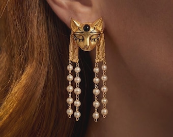 Egyptian Cat Earrings • Bastet Goddess Pearl Tassel • Art Deco Jewelry