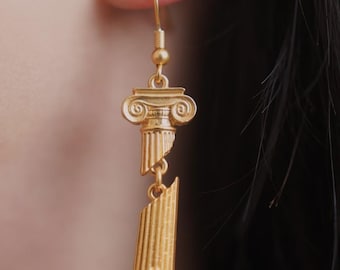 Pendientes griegos de oro / Pendientes de la diosa Atenea / Pendientes colgantes de columna romana / Joyería griega antigua / Regalo para ella / Regalo de Navidad