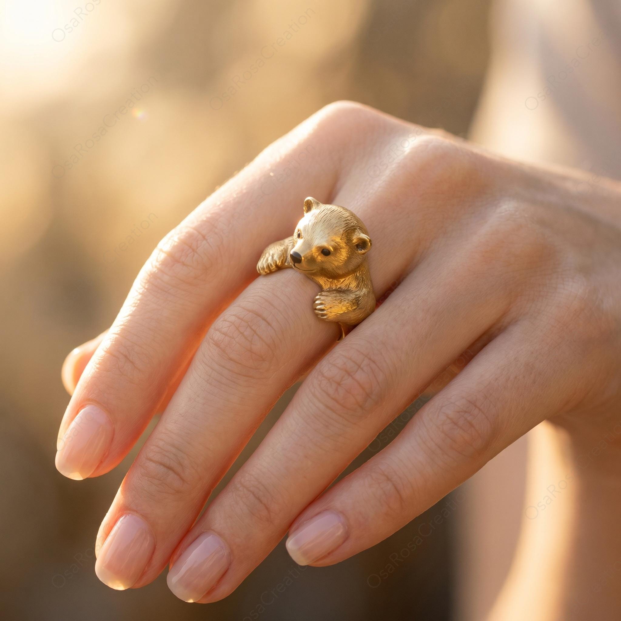 Tree Rings Bear Sculptural Gold Bear Ring | Woodland Animal Hugging Jewelry, Nature ...