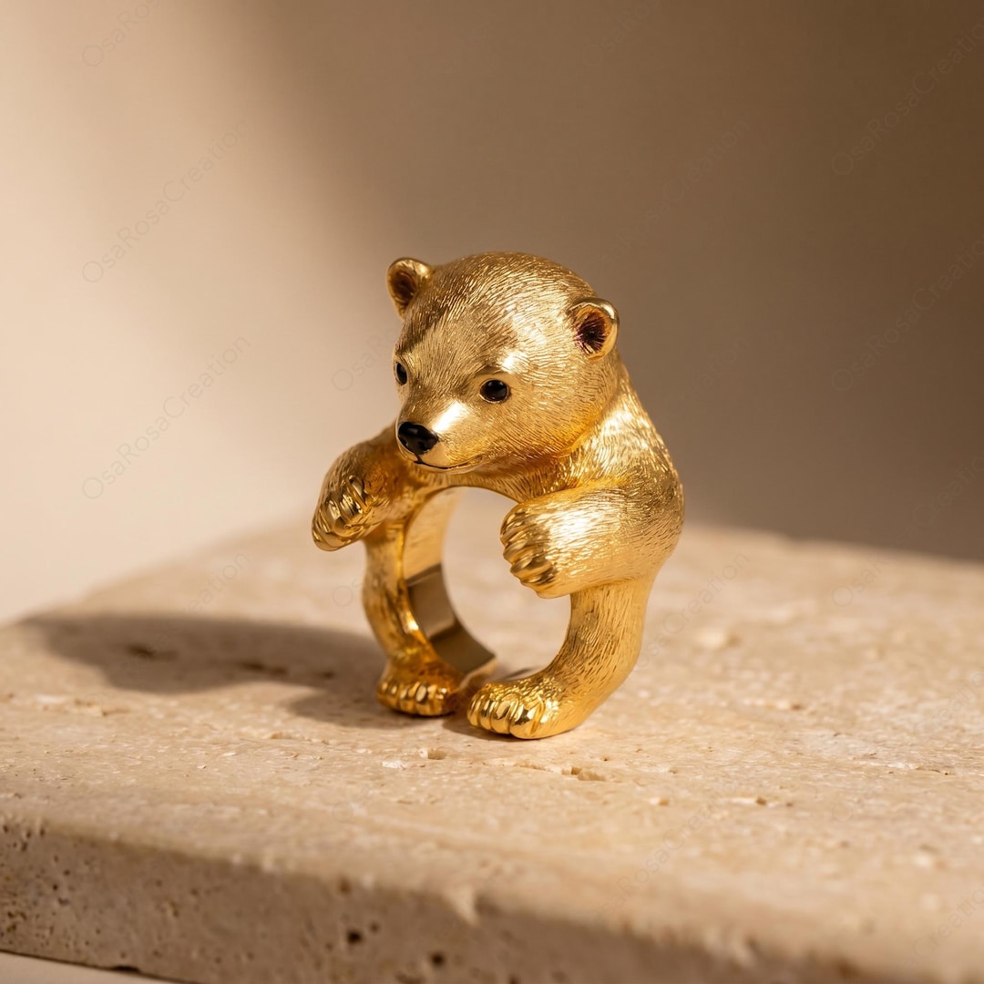 Tree Rings Bear Sculptural Gold Bear Ring | Woodland Animal Hugging Jewelry, Nature ...