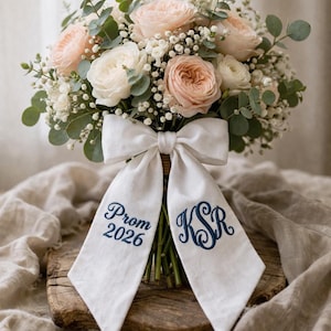 Embroidered Initial Script Custom Sash Bow, Premium White Bow Product, Prom 2026 Content, Romantic Floral Bouquet Accessory or Party Style