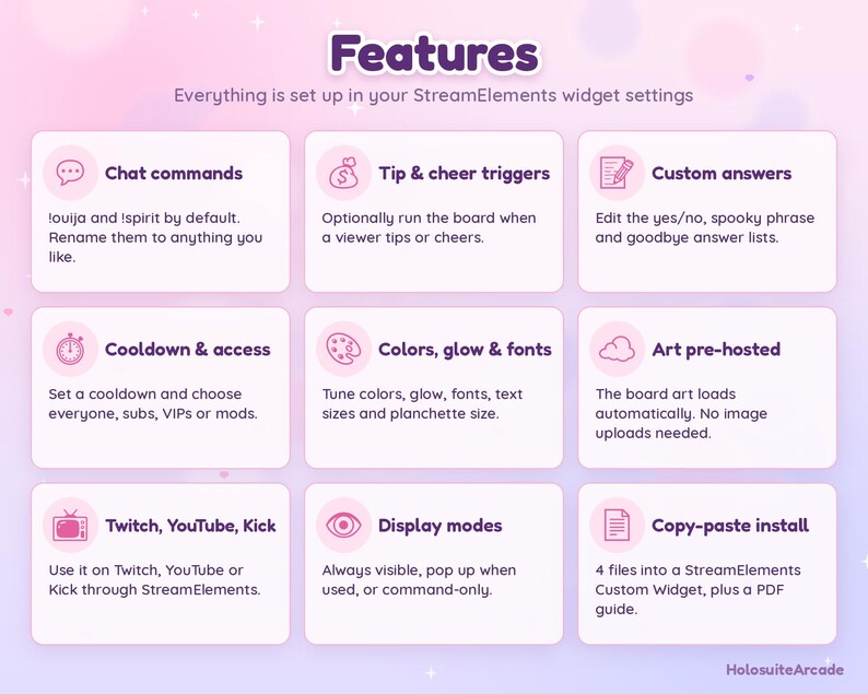 May include: A digital infographic with a light pink gradient background titled Features. It lists nine boxes with icons and text detailing StreamElements widget settings including chat commands, tip triggers, custom answers, cooldowns, colors, art, platform compatibility, display modes, and installation steps.