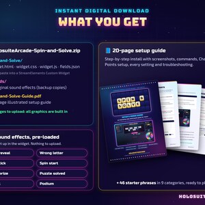 May include: A digital download product titled What You Get for HolosuiteArcade Spin-and-Solve. Includes a zip file with widget code, 8 sound effects, and a 20-page illustrated PDF setup guide. Features a list of 8 pre-loaded sound effects.