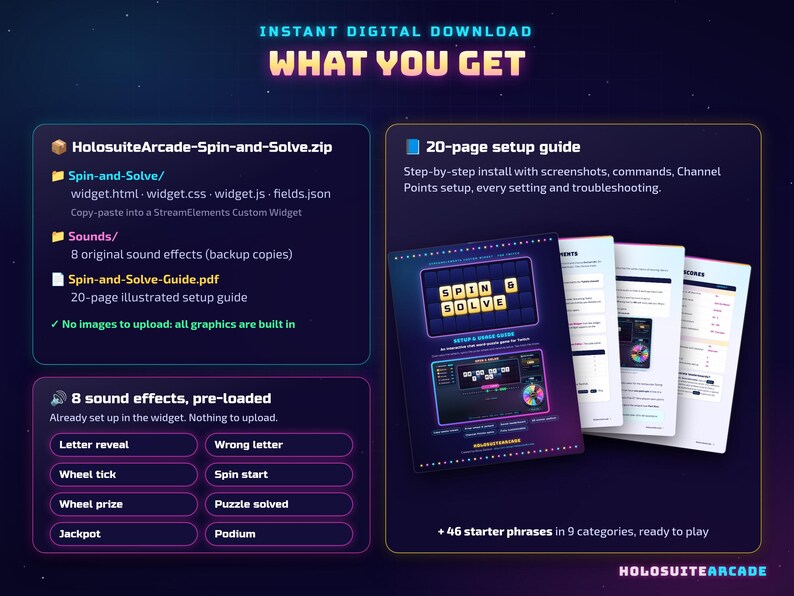 May include: A digital download product titled What You Get for HolosuiteArcade Spin-and-Solve. Includes a zip file with widget code, 8 sound effects, and a 20-page illustrated PDF setup guide. Features a list of 8 pre-loaded sound effects.