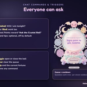 Puede incluir: Una pantalla gr&aacute;fica digital que presenta un adorno de bola de cristal en tonos pastel con un motivo de calavera, luna y sol. La esfera central muestra el texto 'Will tonight be magical?' y 'Signs point to yes, sweetie.' La base est&aacute; etiquetada como 'MoonMochi'.