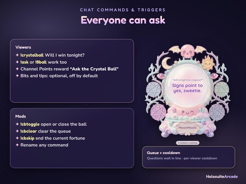 Puede incluir: Una pantalla gr&aacute;fica digital que presenta un adorno de bola de cristal en tonos pastel con un motivo de calavera, luna y sol. La esfera central muestra el texto 'Will tonight be magical?' y 'Signs point to yes, sweetie.' La base est&aacute; etiquetada como 'MoonMochi'.