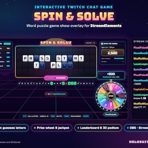 May include: A digital word puzzle game overlay for Twitch featuring a neon-themed interface with a central letter grid displaying PRESS START TO PLAY, a colourful prize wheel, a top players leaderboard, and a live stream chat sidebar.