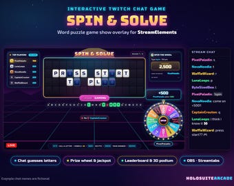 May include: A digital word puzzle game overlay for Twitch featuring a neon-themed interface with a central letter grid displaying PRESS START TO PLAY, a colorful prize wheel, a top players leaderboard, and a live stream chat sidebar.