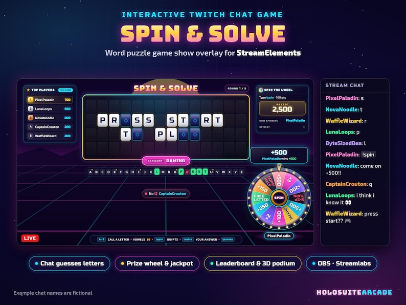 May include: A digital word puzzle game overlay for Twitch featuring a neon-themed interface with a central letter grid displaying PRESS START TO PLAY, a colourful prize wheel, a top players leaderboard, and a live stream chat sidebar.